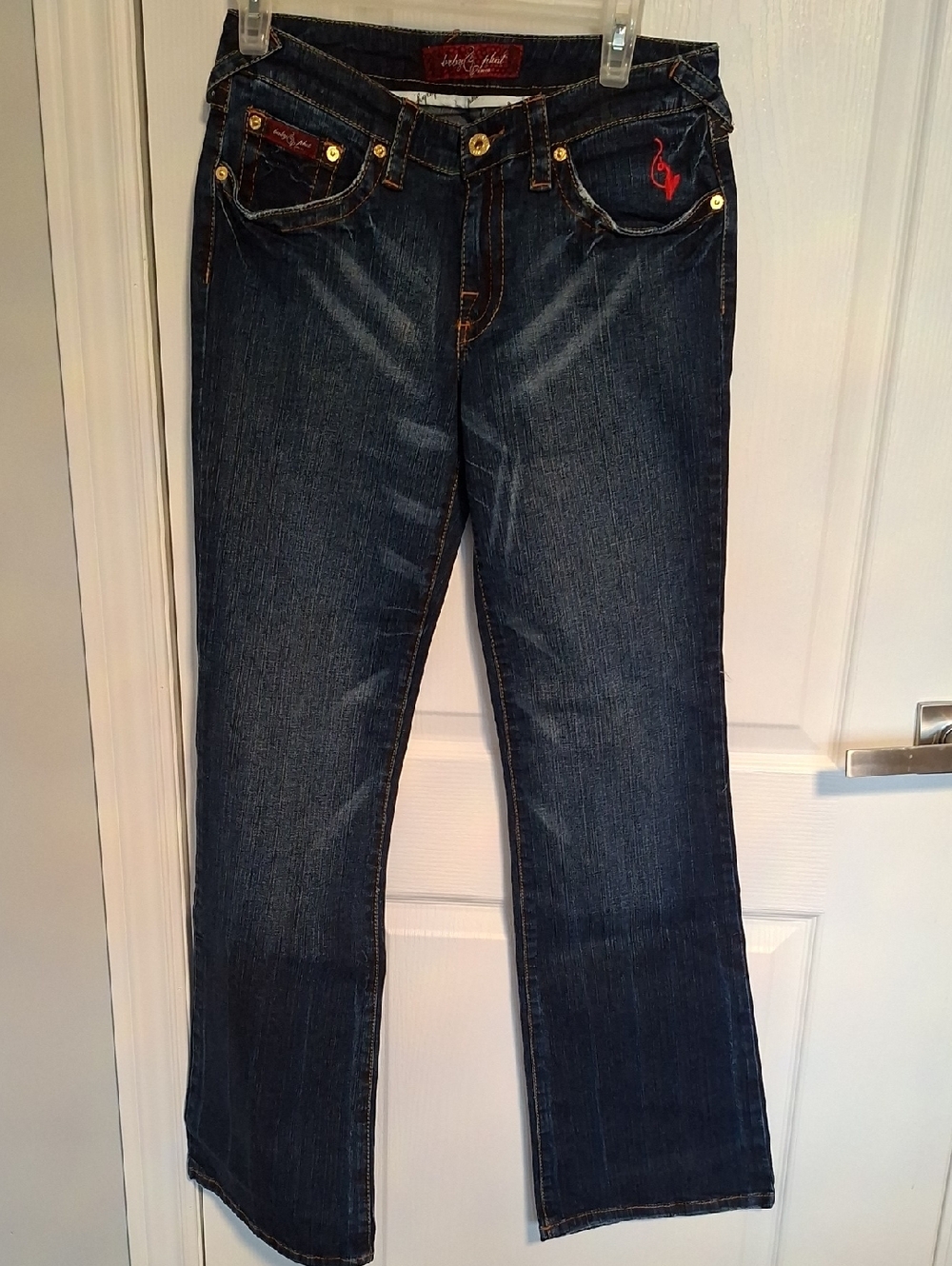 Baby Phat Dark Blue Flared Jeans with Red Embroidered Logo‎